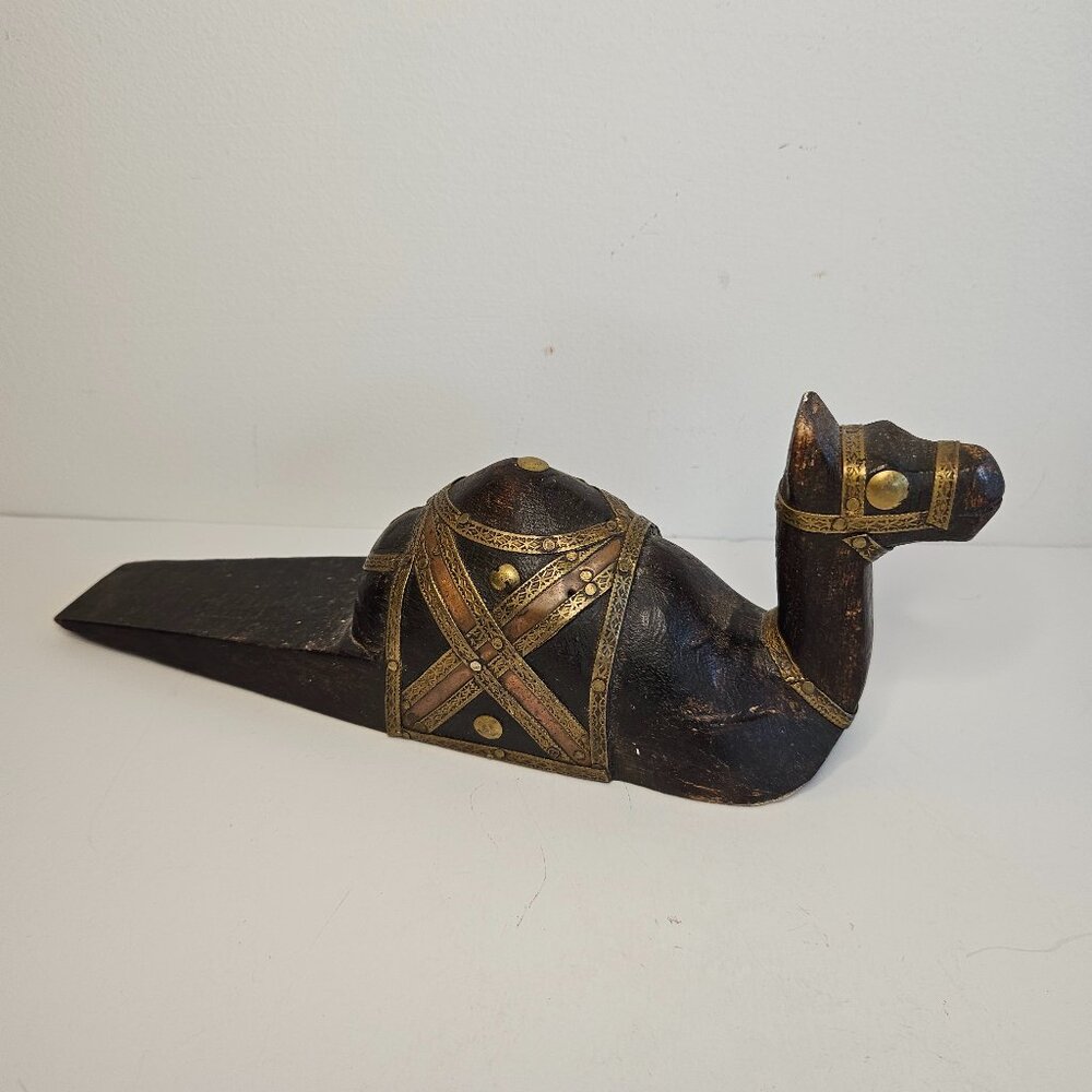 Camel Wedge Wood & Brass Figural Doorstop Bohemian Hand Carved Sculpture stopper